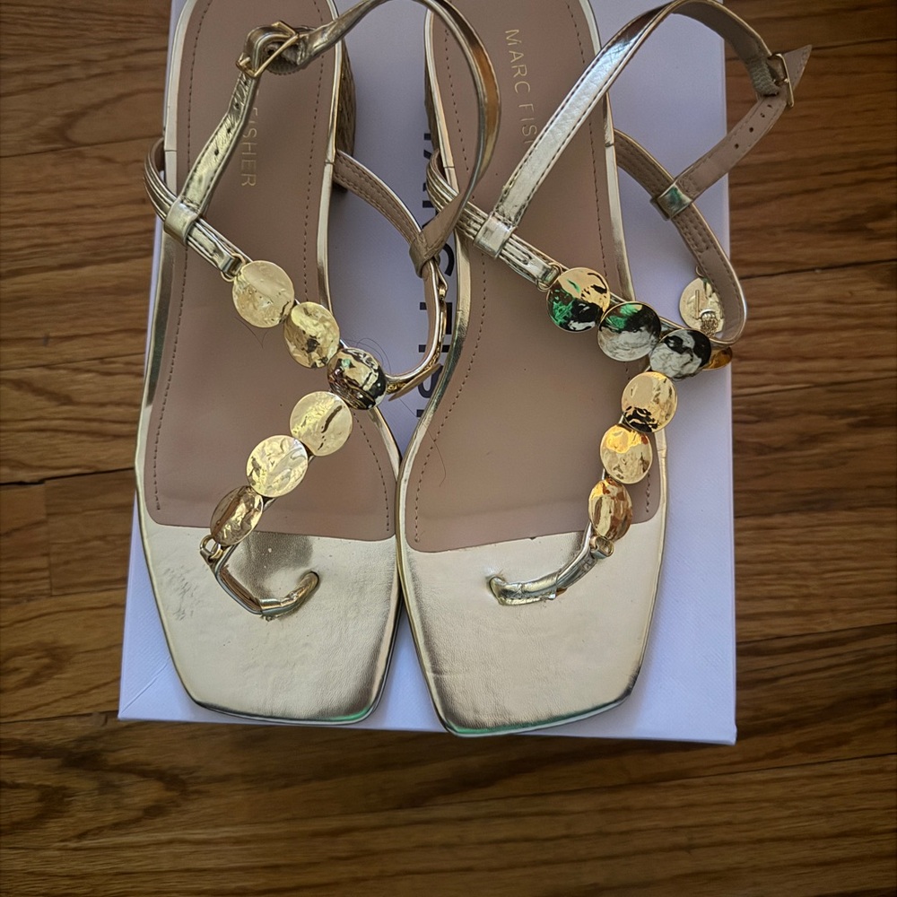 Marc Fisher Metallic Gold Sandals with Green Accents